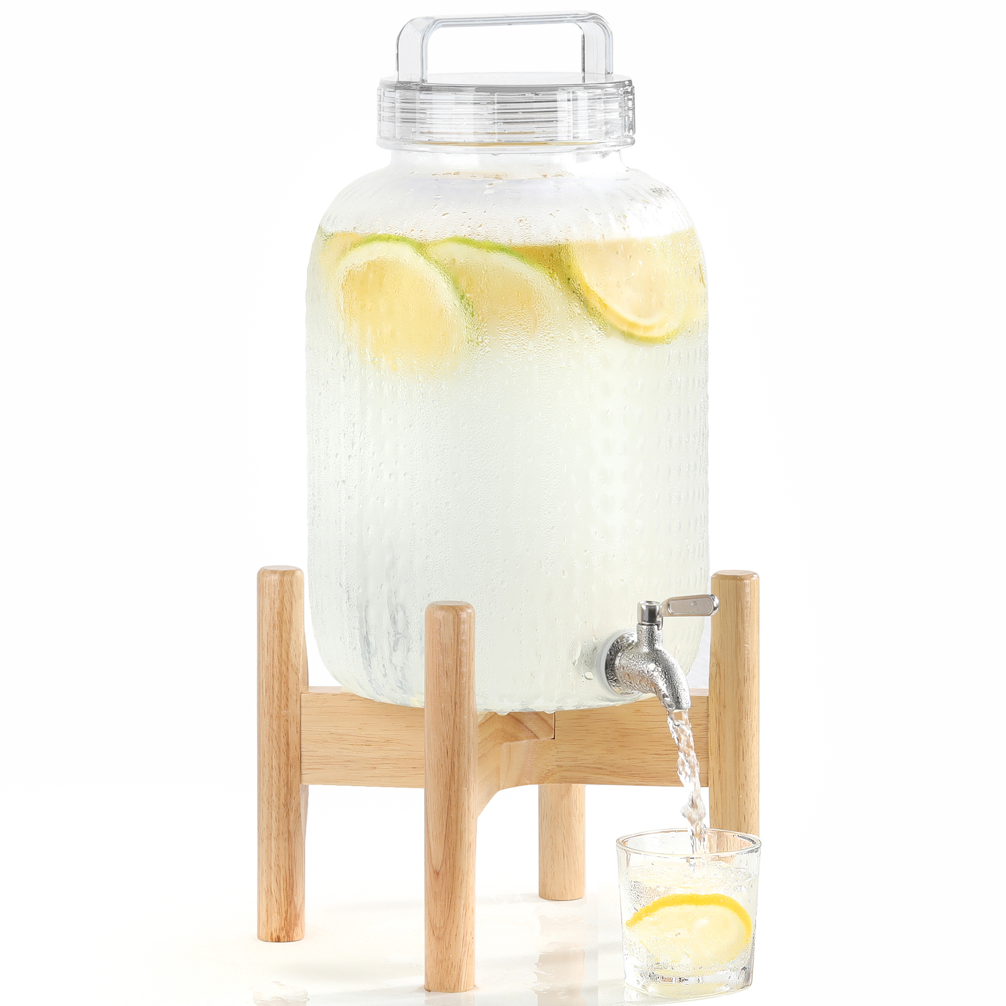 EGGKITPO 2.2 Gallon Drink Dispensers with 304 Stainless Steel Spigot for Parties Lemonade Dispenser with Wood Bracket Clear Cover Polycarbonate Beverage Dispenser for Home Use and Laundry Room