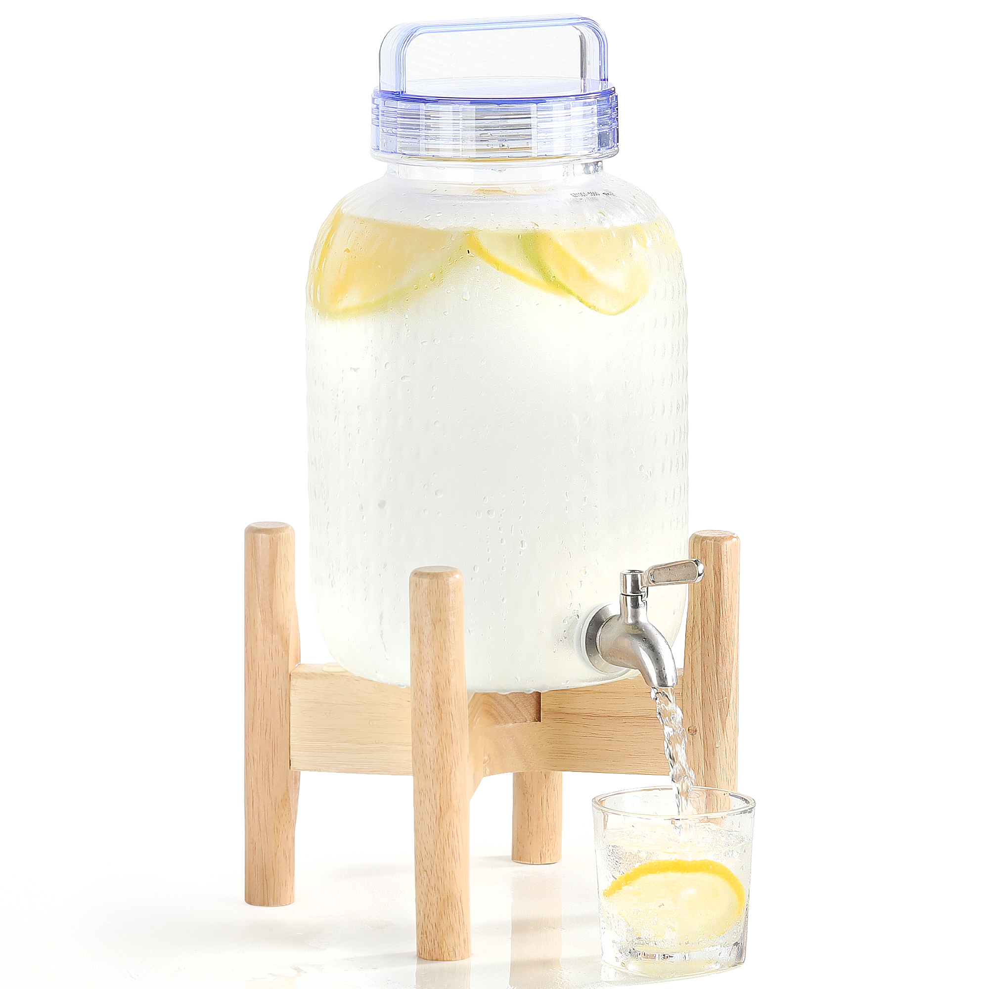 EGGKITPO 1.5 Gallon Drink Dispensers with Spigot and Elegant Stand for Parties Polycarbonate Lemonade Dispenser with Wood Stand Blue Cover Iced Beverage Dispenser for Water Punch Juice BPA FREE