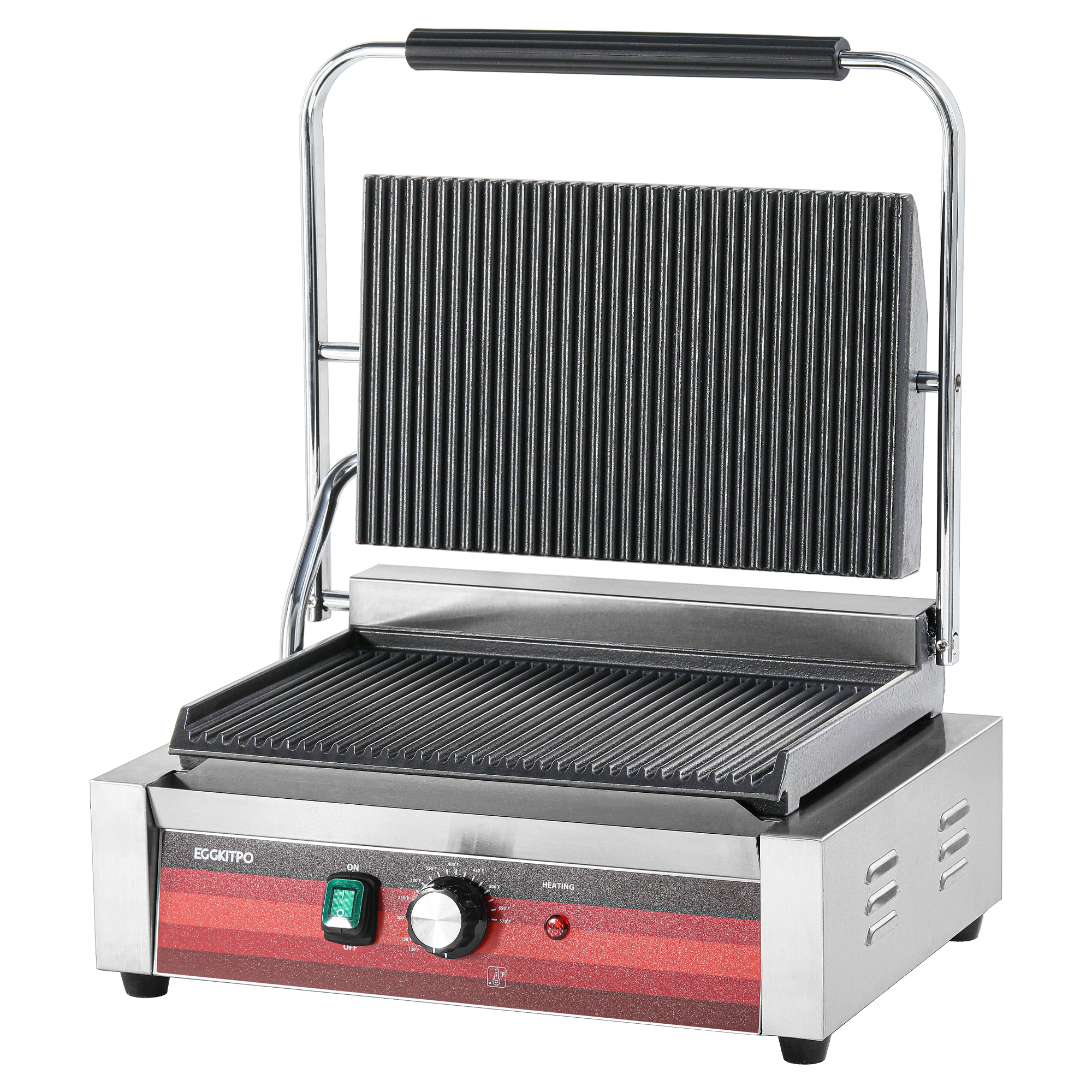 EGGKITPO Commercial Panini Press Grill with Grooved Plates Electric Sandwich Maker with Adjustable Temp Control 110V 1700W 14