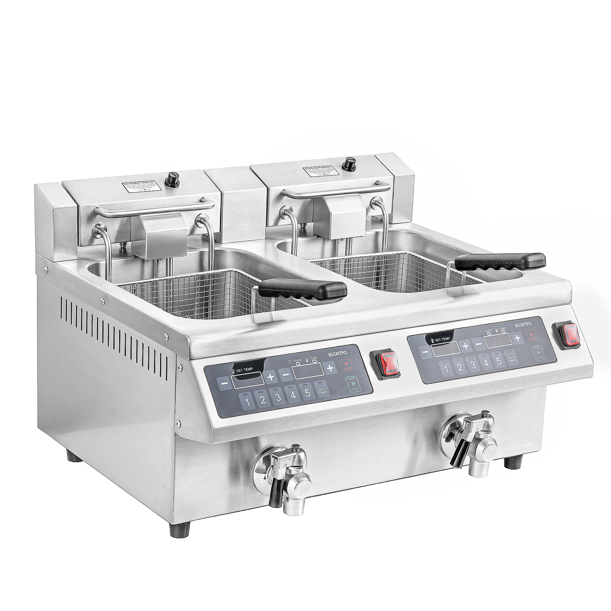EGGKITPO 25.4 QT Dual Tank Commercial Deep Fryer with Timer and Oil Drain Large Electric Countertop Fryer with Temperature Control, Solid Basket, Night Cover for Restaurant and Business Use 120V 3600W 