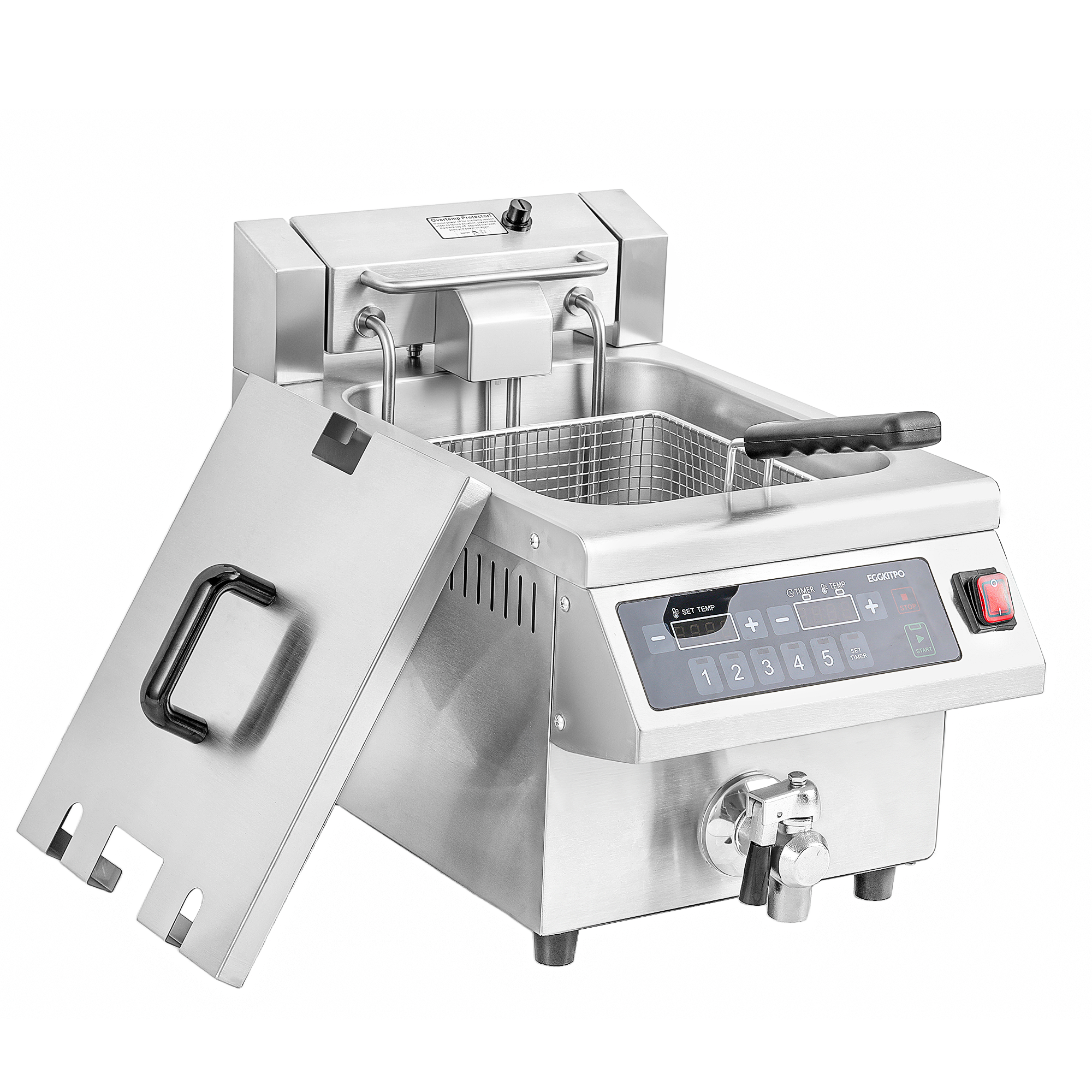 EGGKITPO 12.6QT Commercial Deep Fryer with Timer and Oil Drain 120V 1800W Electric Fryer with Solid Basket, Lid, 304 Stainless Steel Tank Digital Control Countertop Frying Machine for Home Restaurant 