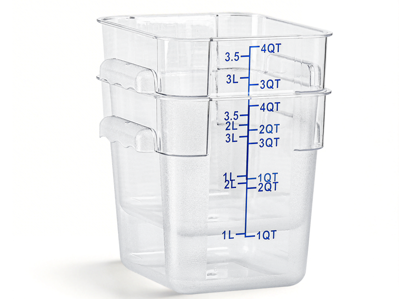 EGGKITPO 4 Pack 4 QT Food Storage Containers with Blue Lids Hot Cold Resistant Stackable Square Commercial Container Set with Handle, Clear Scarle Home Party Food Organizion BPA-Free Polycarbonate