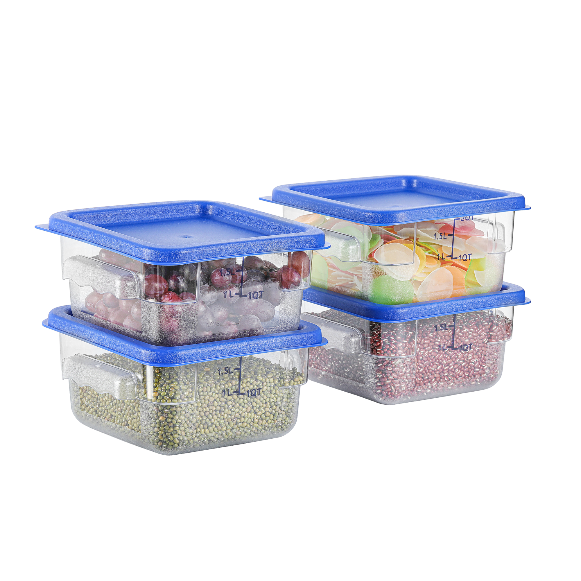 EGGKITPO 4 Pcs 2 QT Square Food Storage Containers with Blue Lids Home Kitchen Container Set with Handle, Clear Scarle for Grain Bean Stackable Dishwasher Freezer Safe BPA-Free Polycarbonate