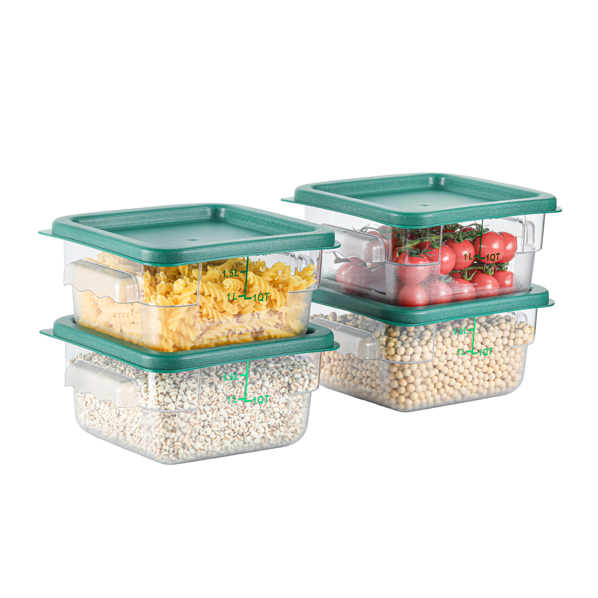 EGGKITPO 4 Pcs 2 QT Square Food Storage Containers with Green Lids Kitchen Container Set with Handle, Clear Scarle for Grain Bean Stackable Dishwasher Freezer Safe BPA-Free Polycarbonate Home Party